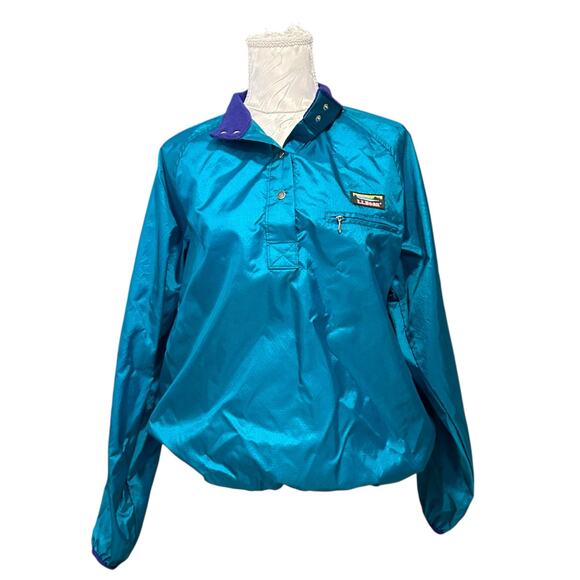 Vintage LL Bean Turquoise Windbreaker Womens Sz Medium Henley Nylon Unlined - Picture 1 of 16